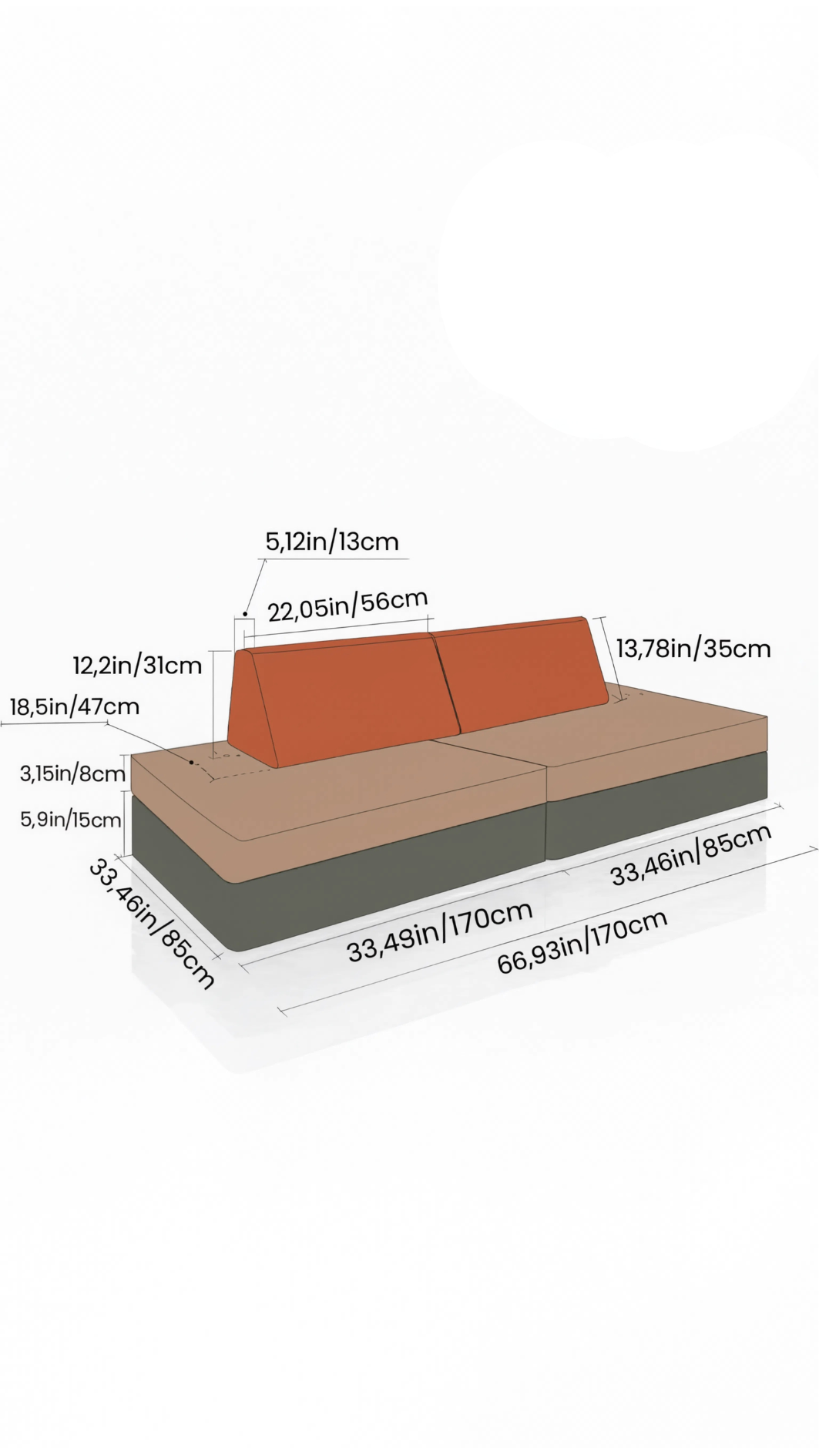 Measurement chart of a sofa with dimensions labeled in inches and centimeters.