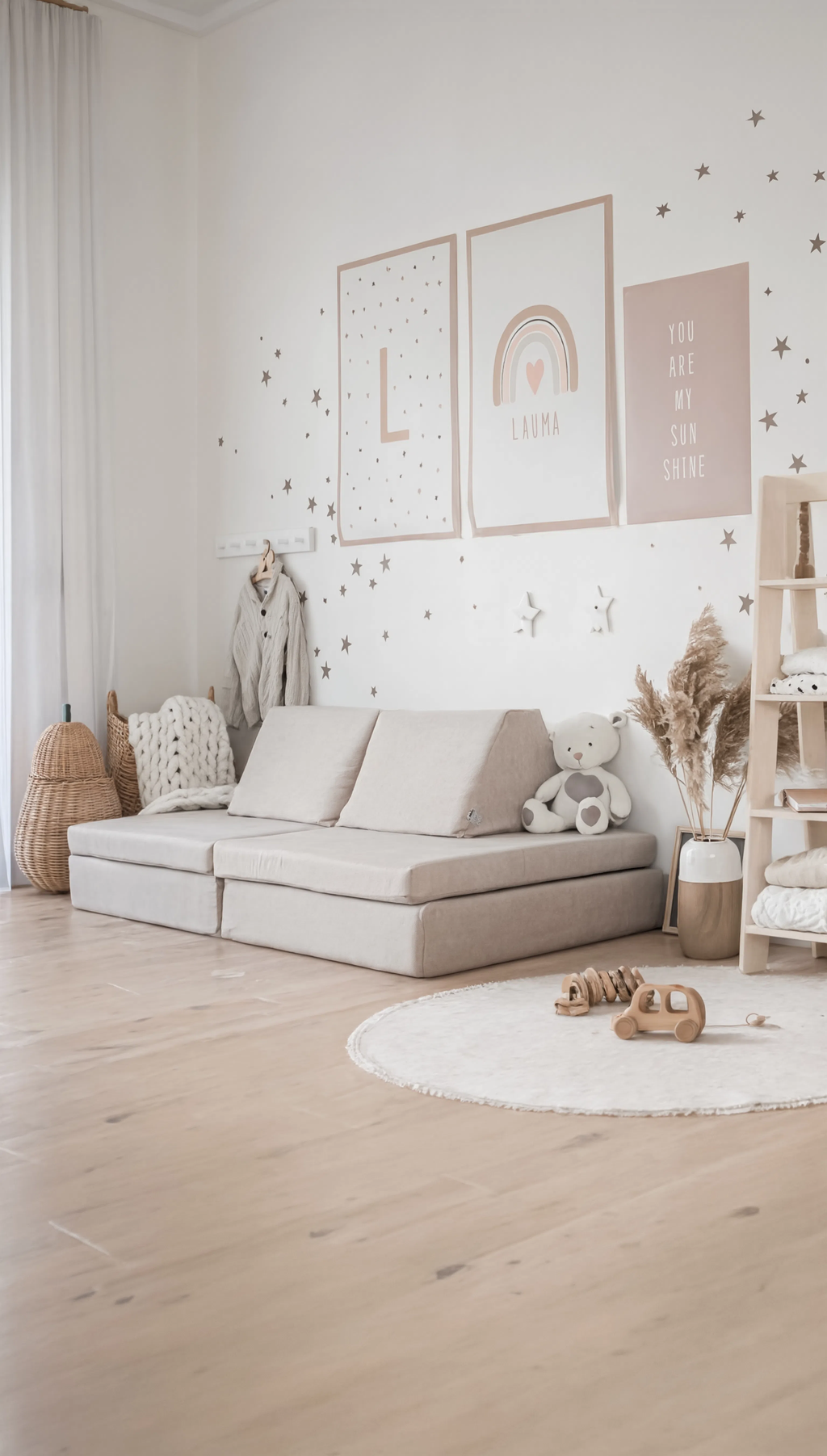 Children's room with a beige sectional sofa, teddy bear, and decorative elements.