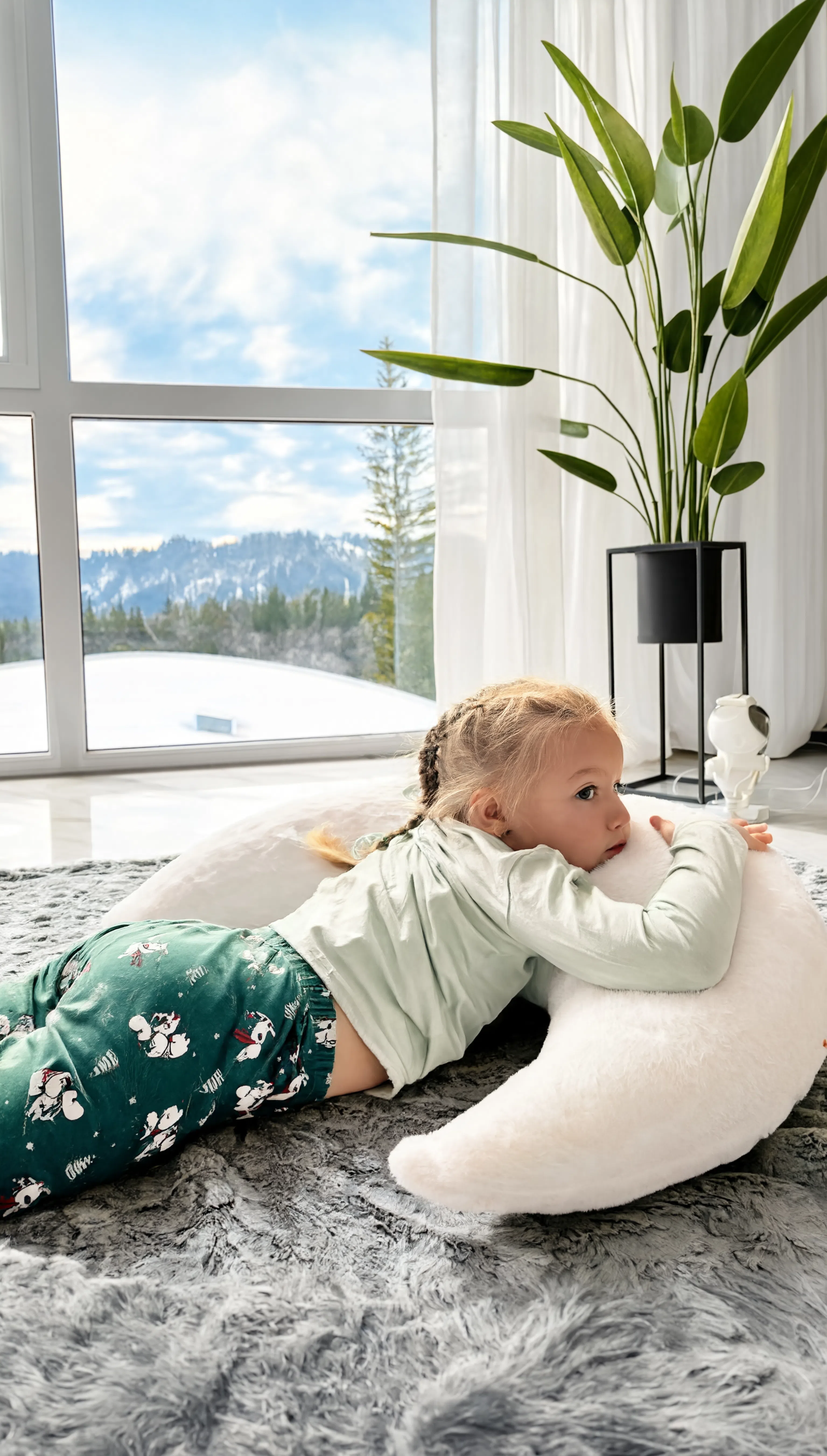 Child lying on a moon-shaped pillow in a room with large windows and a scenic view.