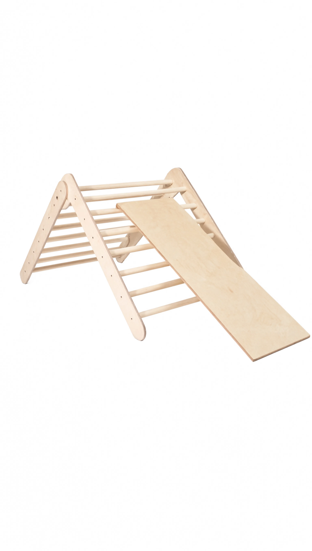 Wooden climbing triangle with a slide on a white background