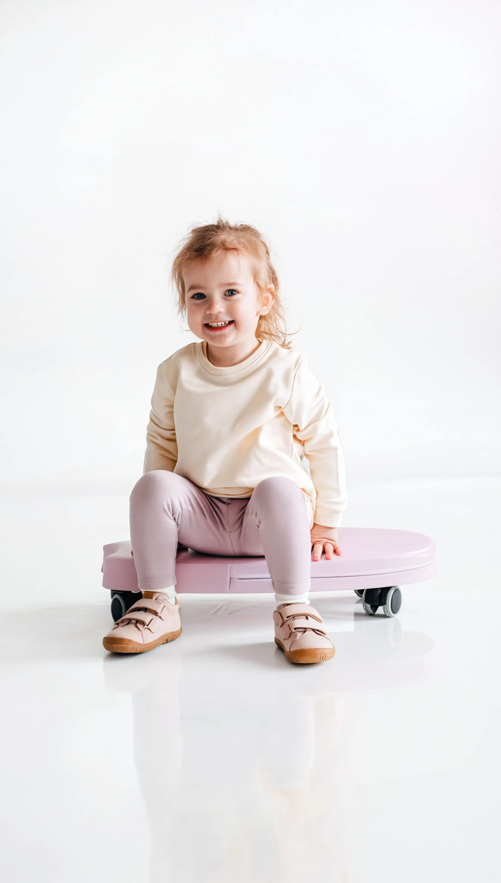 Child sitting on a pink toy train against a white background