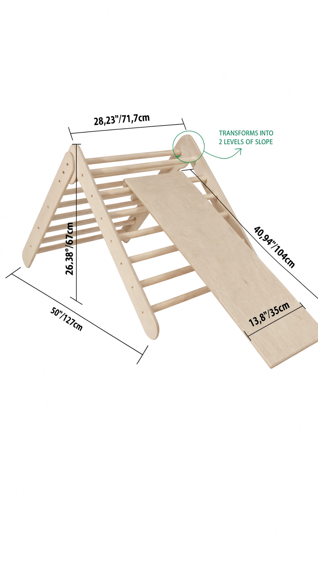 Wooden play structure with measurements on a white background