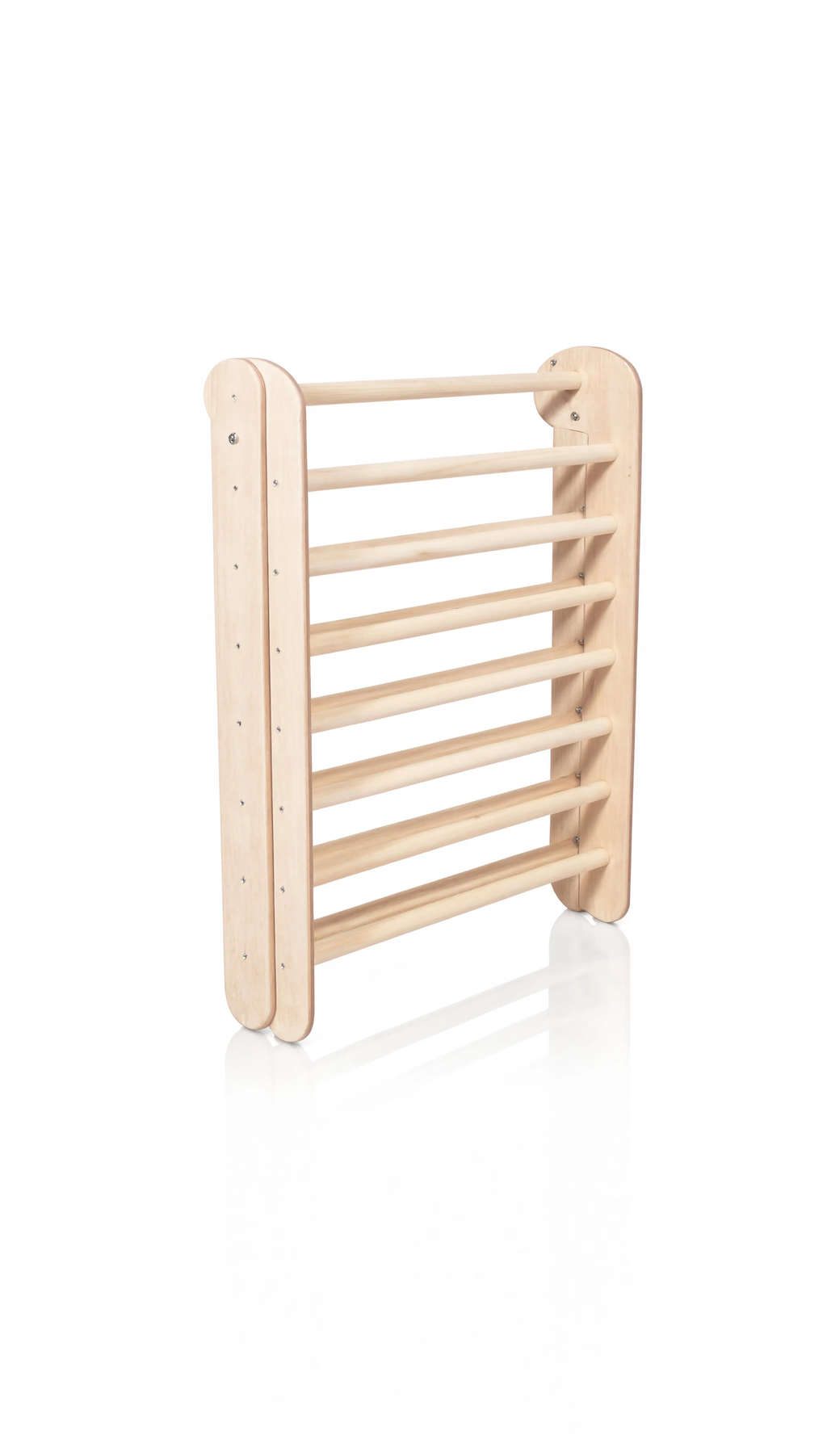 Wooden climbing toy with horizontal bars on a white background