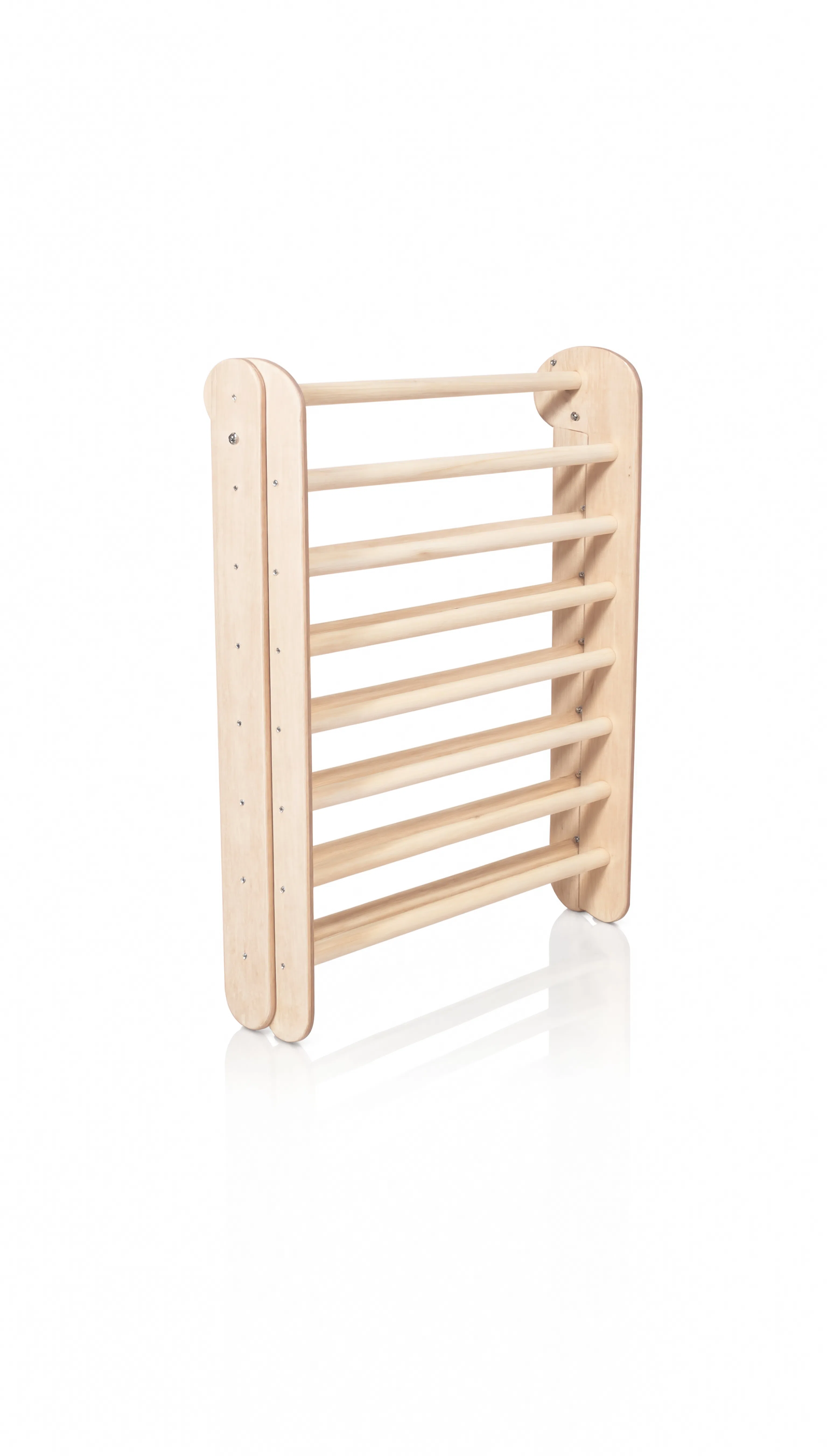 Wooden climbing toy with horizontal bars on a white background