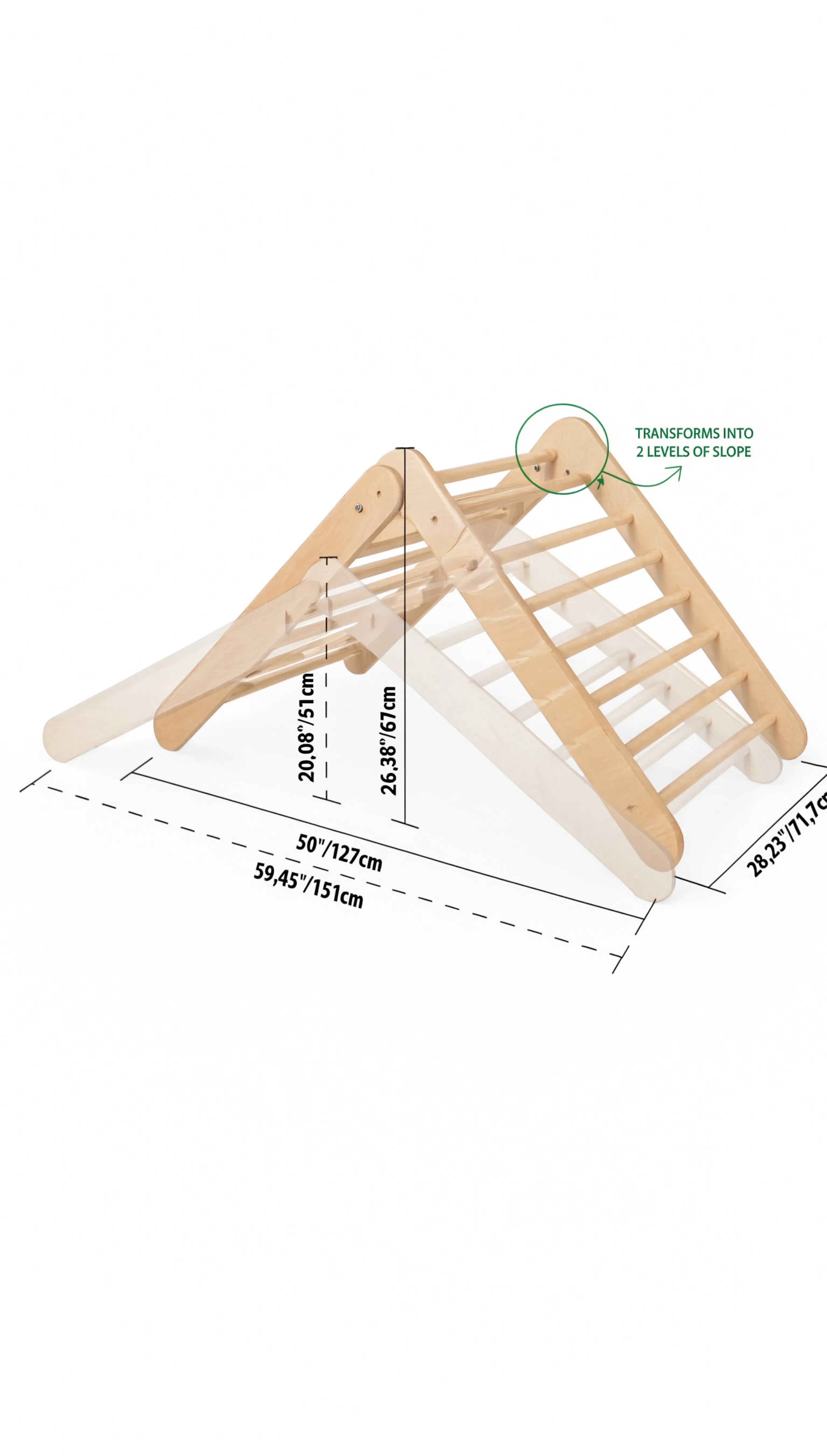 Wooden climbing toy with dimensions labeled on a white background