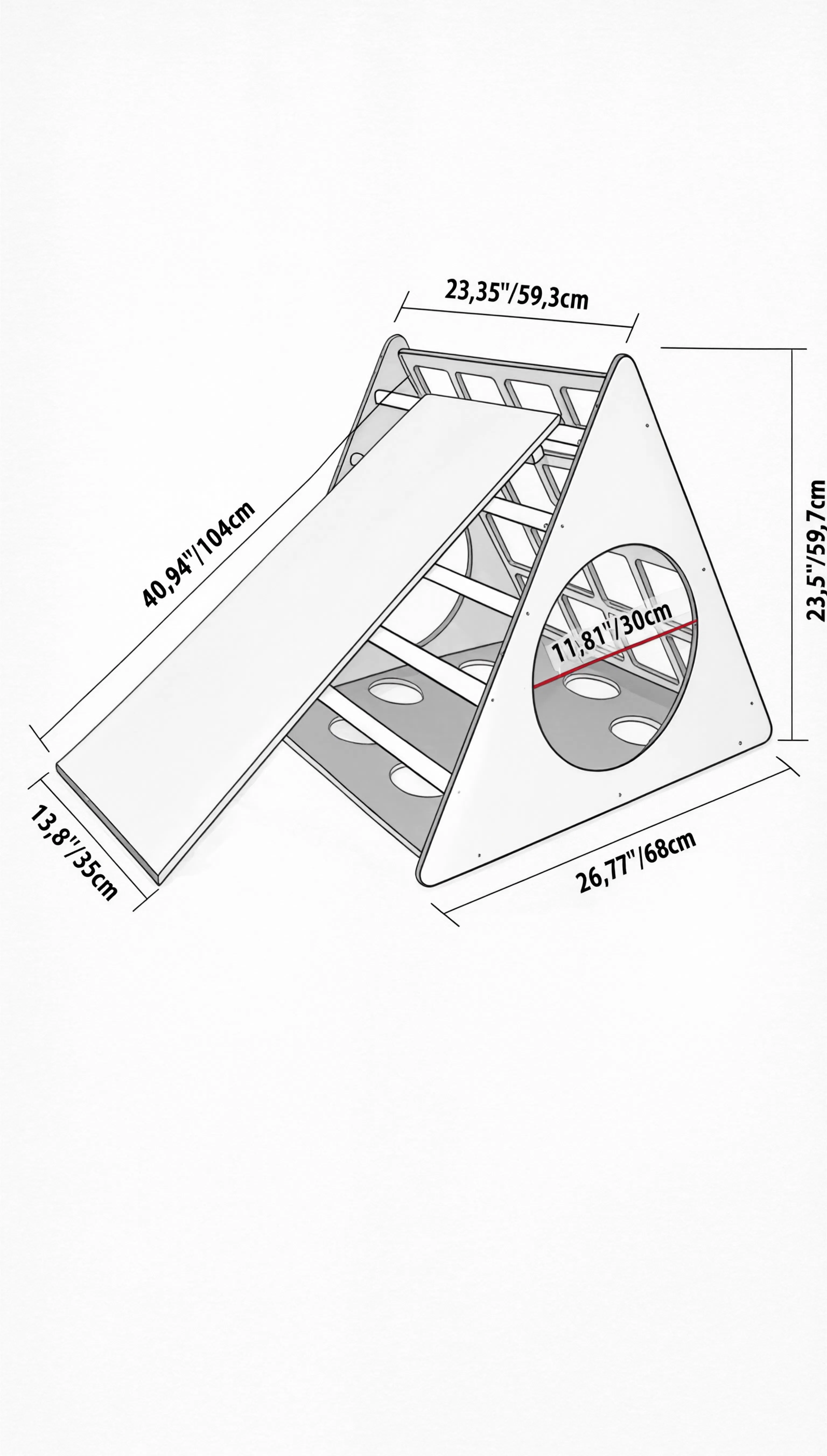 Measurement chart of a triangular metal rack with dimensions labeled.