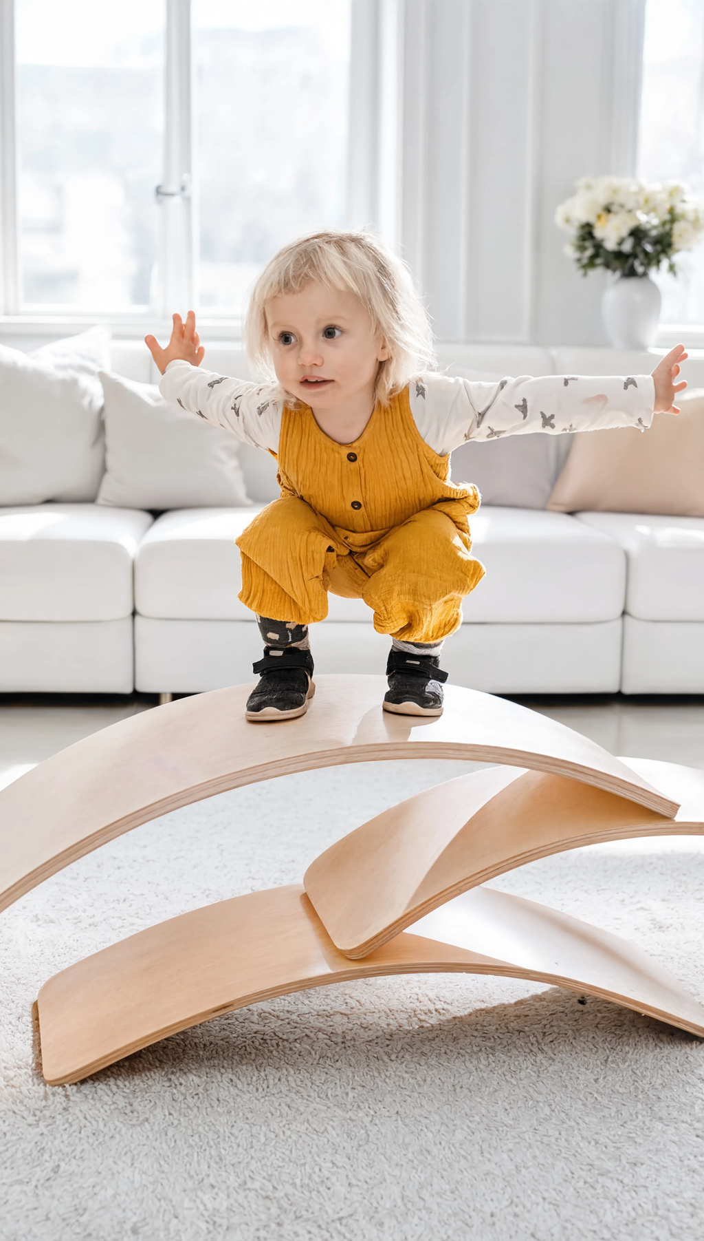 Child standing on a wooden balance board in a living room.